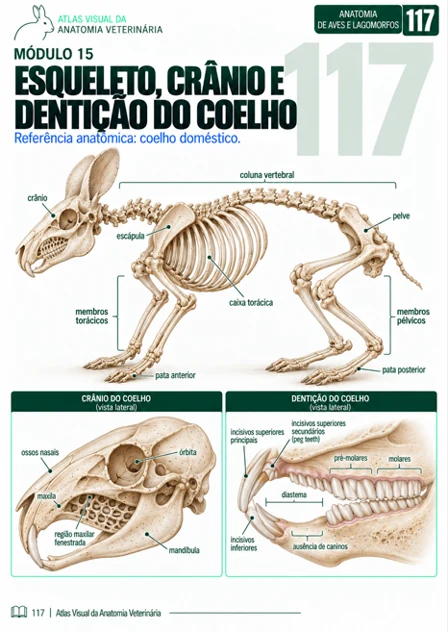 Página do Atlas Visual de Anatomia Veterinária: Esqueleto, crânio e dentição do coelho